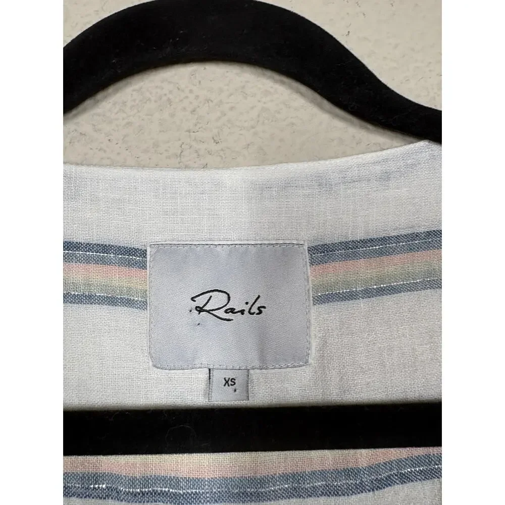 Rails XS Rylan Stripe Viera Top Blouse White Linen Rayon Metallic Cap Sleeves